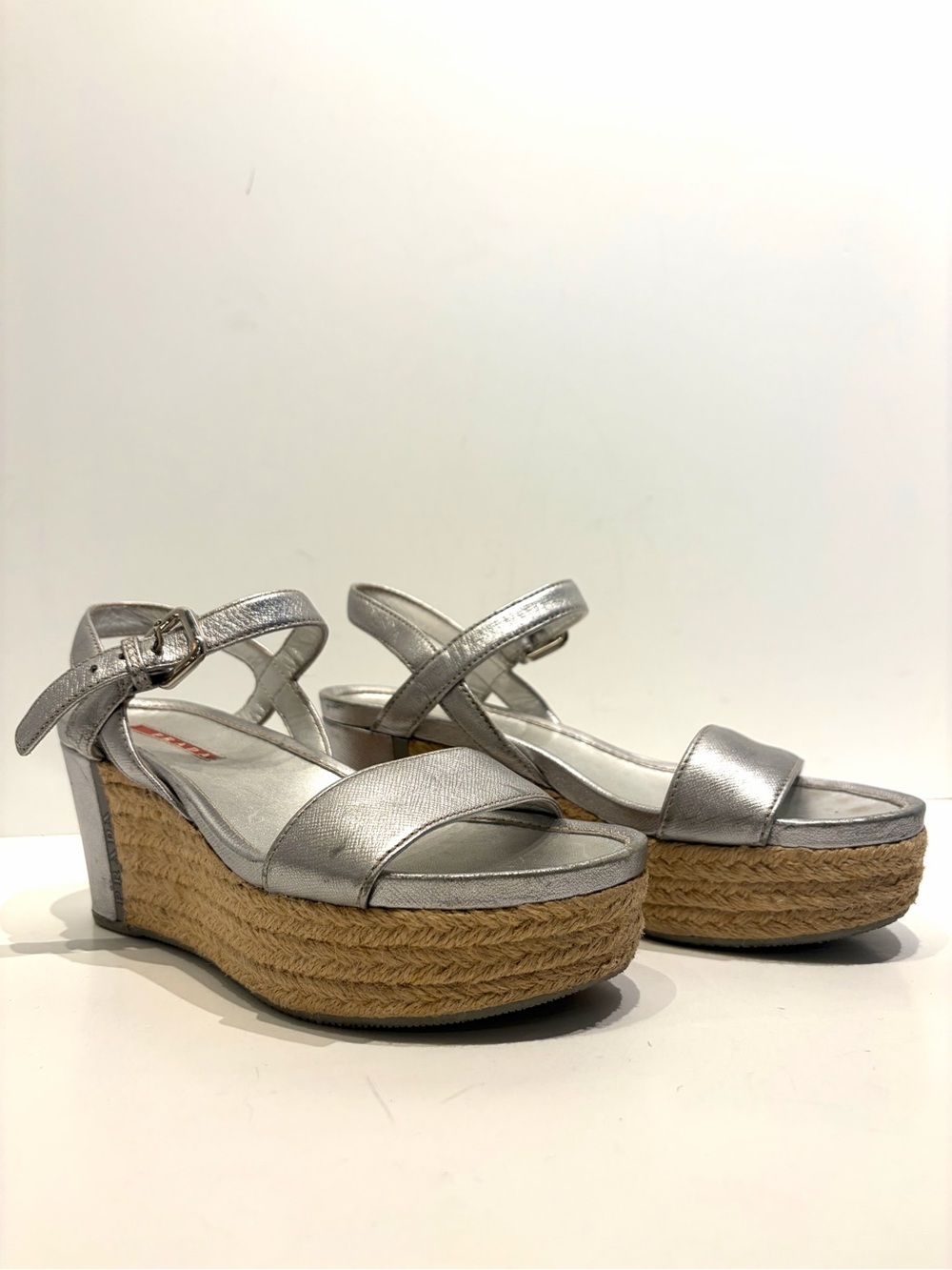 Prada Silver Metallic Espadrille Wedge Sandals Size 6 Leather Platform Shoes